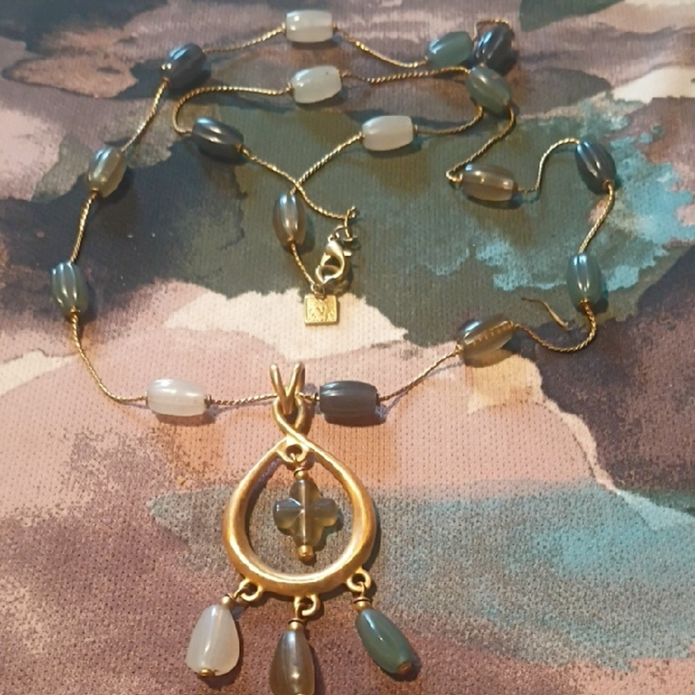 Vintage Anne Klein Gold-Tone with White, Blue & Brown Beaded Pendant Necklace